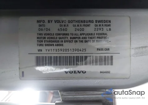 2005 Volvo S80 2.5T из США, поврежденный, VIN YV1TS592051390425